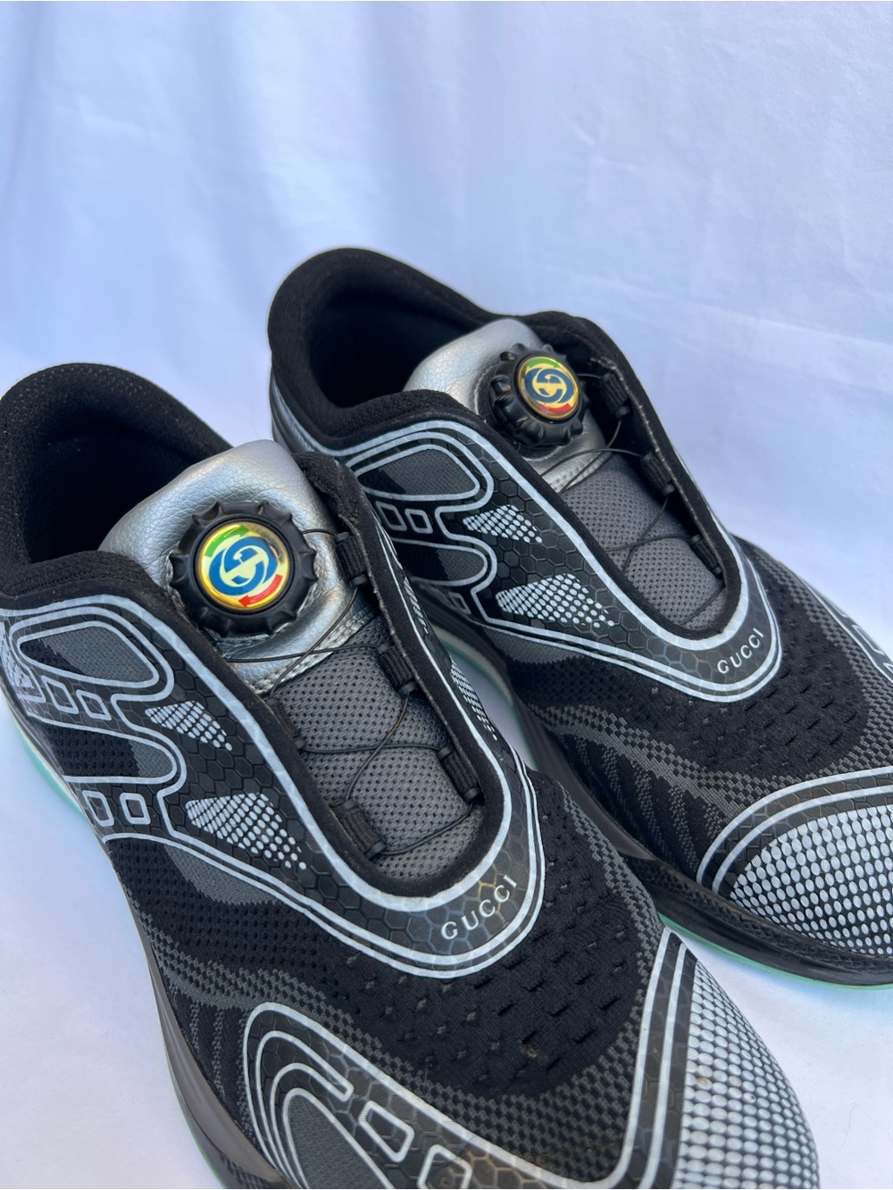 Gucci Women’s Ultra Pace R Sneakers Slip On Black Silver Blue Size 38 - Picture 3 of 15